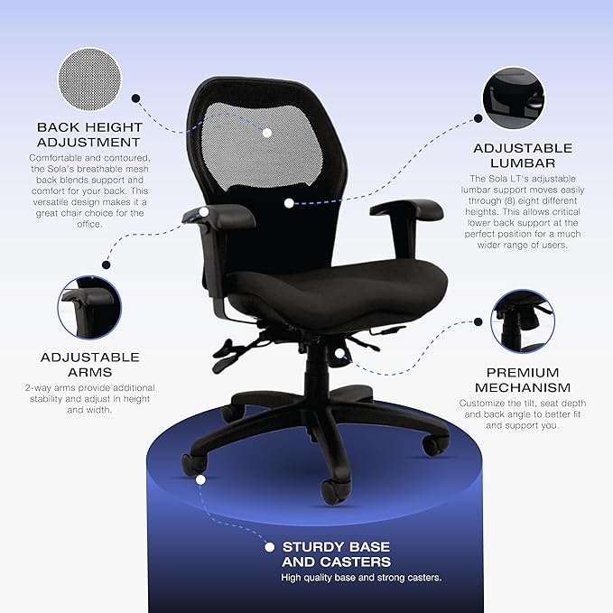 Seating Sola LT Ergonomic Office Chair | Comfortable Mid Back Computer Chair | Back Support Office Chair | Ultra-Soft | Ergonomic Lumbar Support Chair | Swivel Computer Task Chair