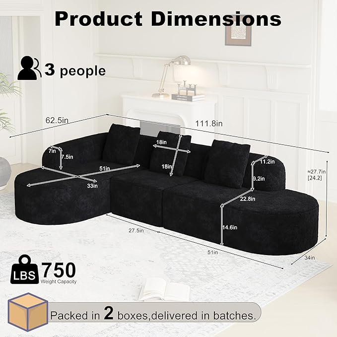 2 Piece 111.8“ Boneless L-Shaped Curved Modular 6-Seater Sofa Right Chaise Lounge Featuring Lychee-Textured Long-Pile Polyester Fabric Curved Backrest with Three Pillows