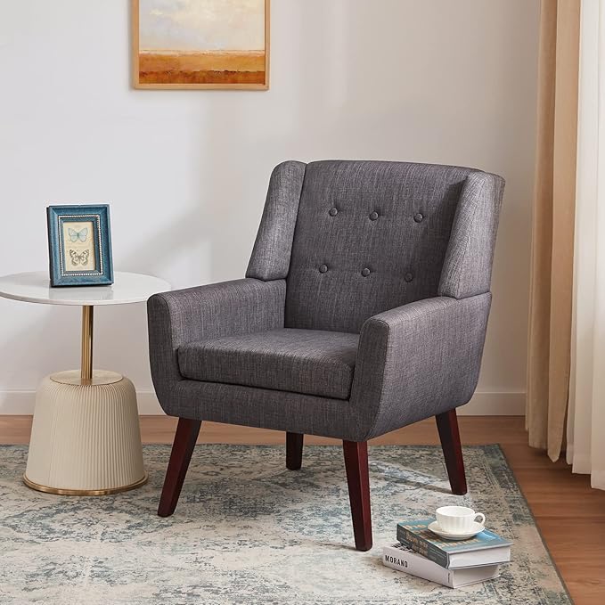 HUIMO Accent Chair Arm Chair Set of 2 Button Tufted Upholstered Reading Chair Linen Fabric Mid Century Modern Chairs for Bedroom Living Room Chair Comfy Sofa Chair(2 Grey)