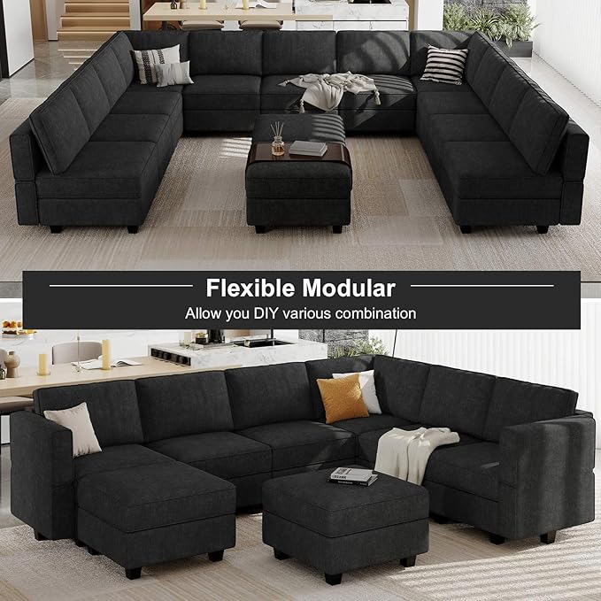 Belffin Modular Sectional Sofa Fabric U Shaped Couch Double Chaise Sectional Couch Convertible Ottoman Sofa with Storage Black