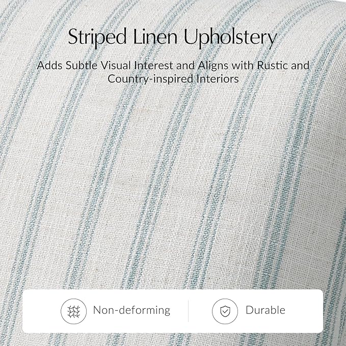 HULALA HOME Farmhouse Curved Couch with Stripe Pattern 3 Seater Sofa with Solid Wood Spindle Legs and Rolled Wide Armrests Comfy Upholstered Sofa for Living Room Bedroom Blue
