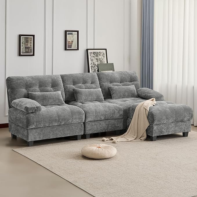 93 3+1 Seater Sofa with Ottoman - 4-Position Adjustable Backrest 350lb/Seat Soft Chenille Fabric 3 Throw Pillows Easy Assembly (Gray)