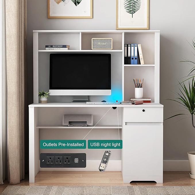 Computer Desk with Hutch BookshelfWood Executive Desk Teens Student Desk Writing Laptop Home Office Desk with Drawers3 AC Outlets and 2 USB Charging PortsStudy Laptop Table for Home