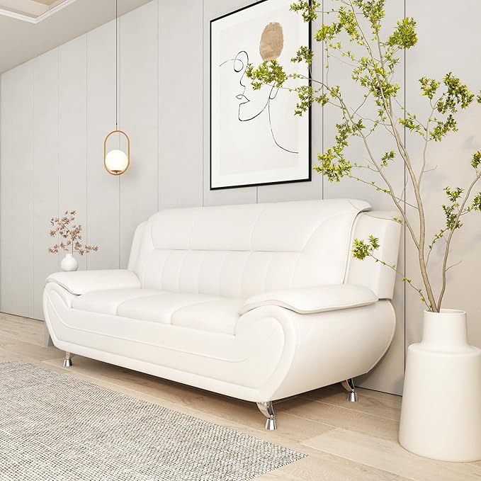 Michael Modern Faux Leather Upholstered Stainless Steel Legs Living Room Sofa Cream White