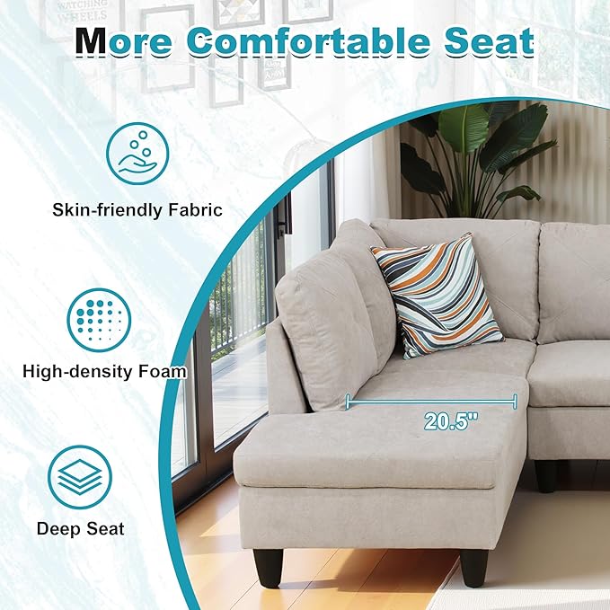 97 Oversized Sectional Couch L Shaped Couch with Storage Ottoman Modern Modular Sofa with Deep Seat Sectional Couches for Living Room and Office Off-White (Flannelette)
