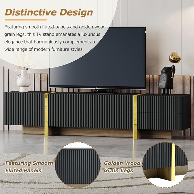 Merax Luxury Fluted TV Stand for Televisions Up to 80'' Modern Entertainment Center with Storage Cabinets &amp Drawers and Golden Wood Grain Legs Smooth Media Console for Living Room Black