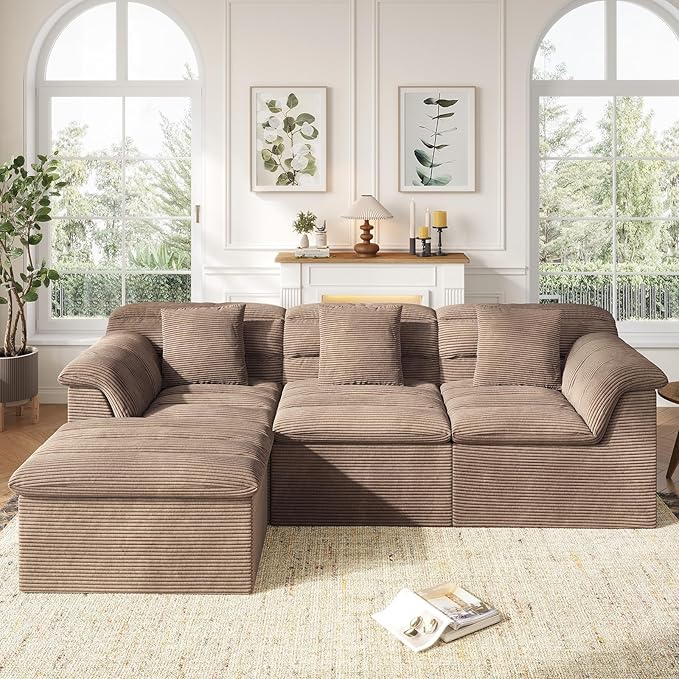 112 Modular Cloud Sectional Couch with Ottoman Modern Upholstered Compressed Sofa with Deep Seat Comfy L-Shape Corduroy Couches for Living Room No Assembly Required Camel