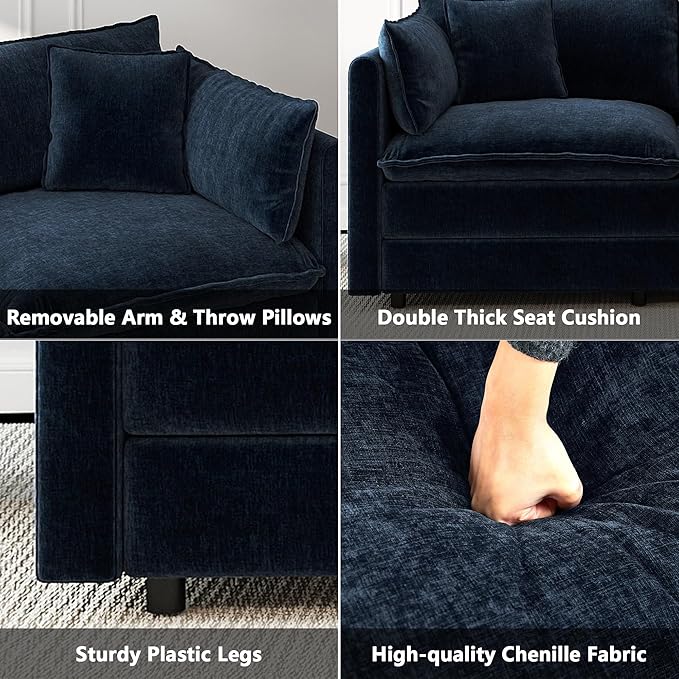 Aoowow Modular Sectional Sofa Modern Convertible Loveseat Couch77.16 Inch Deep 2-Seater Sofas Comfy Chenille Cloud Sofas and Couches Set with 2 Movable Ottoman for Living Room Apartment（Blue）