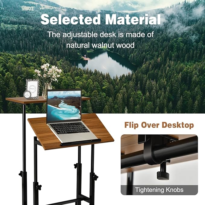 COSTWAY Mobile Standing Desk Height Adjustable Rolling Laptop Cart w/Tilting Desktop for Standing or Sitting Lockable Casters Home Office Computer Workstation for Small Spaces (Brown)