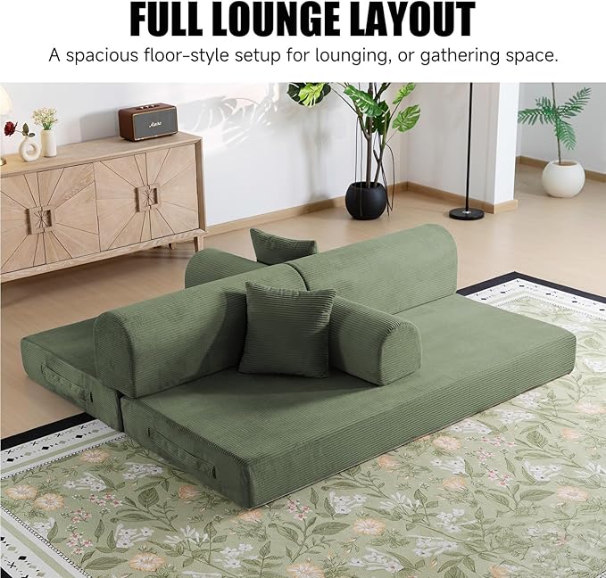 78.8 Boneless Memory Foam Couch Corduroy Convertible Floor Sofa Bed Fold-Out Sleeper Futon Loveseat Wide Armrests &amp Supportive Back 1200 lb Couch in a Box 2 Pillows Light Green