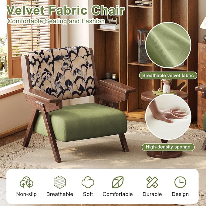 Accent Chair Mid Century Modern Chair Velvet Upholstered Lounge Arm Chair with Solid Wood Cozy Reading Chair for Living Room Bedroom Balcony (Feather Print Single Chair)