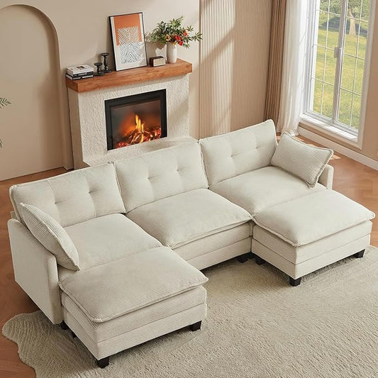 Modular Sectional Sofa 111.5 U-Shaped Corduroy Comfy Sectional Couches for Living Room 3-Seater Cloud Couches with 2 Movable Ottomans Flexible Combination Modern Deep Seat Sofa (Beige)
