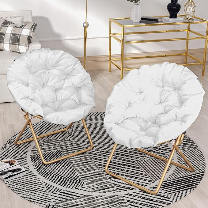 Comfy Saucer Chair Set of 2 Metal Frame Cozy Lounge Lazy Chair Folding Faux Fur Round Saucer Chair for Adults Foldable Papasan Moon Chair for Living Room Dorm Bedroom