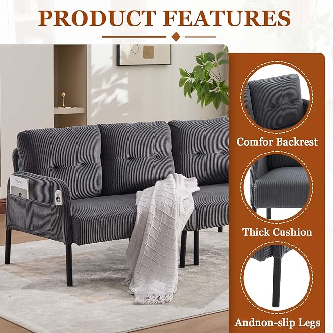 Loveseat Sofa 67” Small Sofa Couch for Living Room Comfy Corduroy Fabric Love Seat for Bedroom with Throw PillowRemovable Cushion CoverCouches for Small SpaceApartmentDorm (Gray)