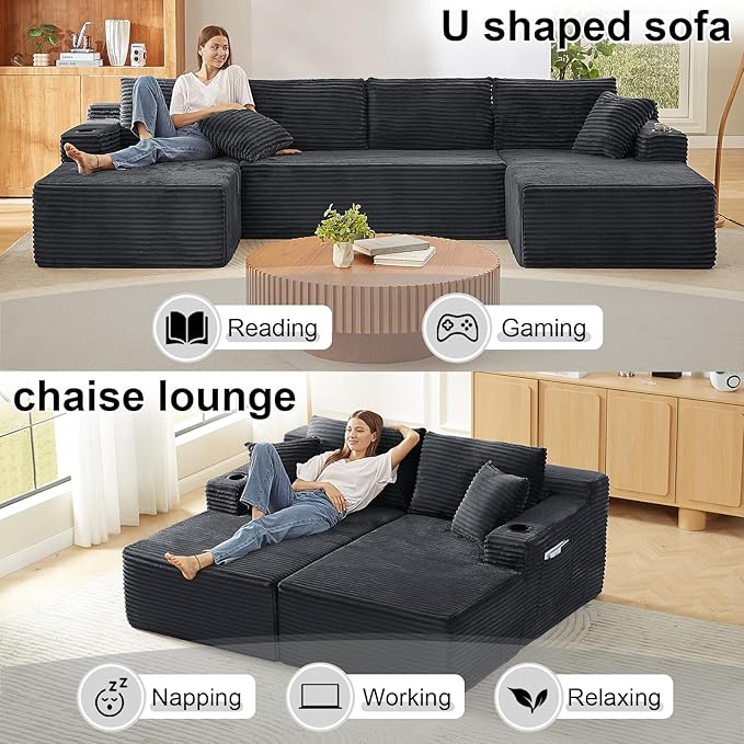 134 Inch U-Shaped Sectional Couch Oversized Modular Corduroy Sofa with 2 Chasies 4-Seater Modern Deep Seat Boneless Cloud Couch for Living Room No Assembly Required Dark Gray