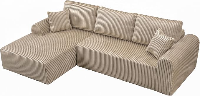 109-Inch L-Shaped Left Facing Boneless Corner Sofa 2 PCS Modular Sectional Cloud Sofa Couch with Chaise Lounge and Toss Pillow Corduroy Boneless L-Shaped Couches