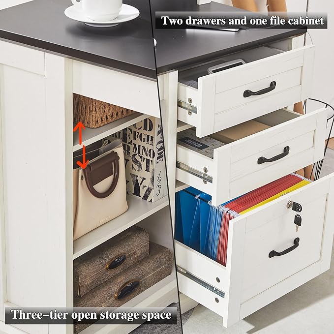 55”Farmhouse Executive Desk with Side Bookshelf Home Office Desk with Monitor Stand 2 Drawers &amp Lockable File CabinetRustic Computer Desk with Built-in Power Outlet (55)