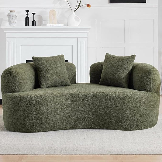 67 Curved Loveseat Sofa with 2 Pillows Boneless Curved Couch with Round Armrest Cloud Sofa for Living Room Bedroom Small Spaces Teddy Modern Compressed No Assembly (Green)