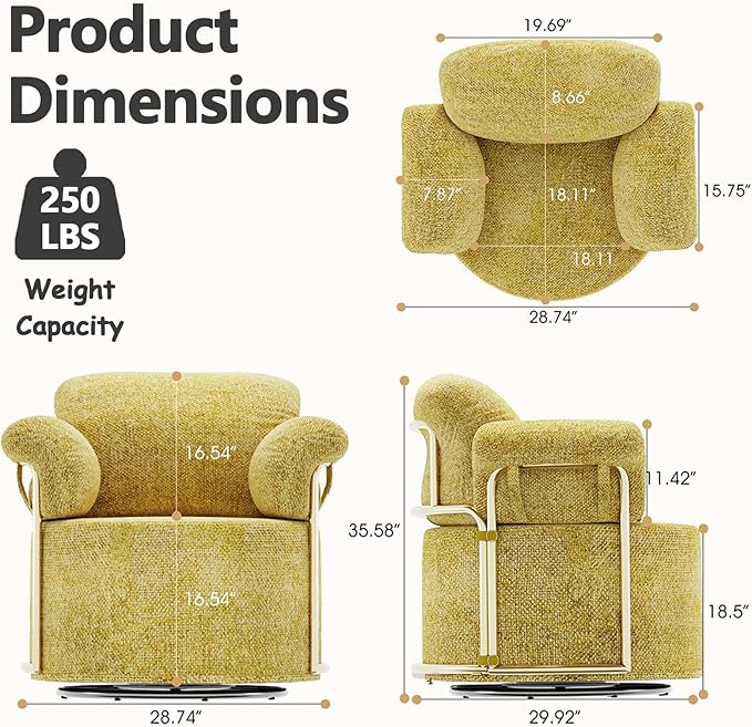 Swivel Accent Chairs for Living Room 360 Swivel Barrel Chair with Arm for Bedroom Upholstered Round Chair &amp Corner Chairs with Gold Frame for Small Spaces Chenille (Yellow)