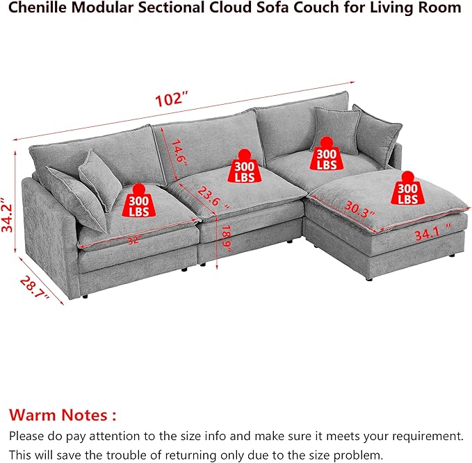 102 L-Shaped Sofa for Living RoomModular Sectional Cloud Sofa Couch with OttomanModern Chenille 3 Seater Sofas with Deep SeatSmall L Shaped Couches for Bedroom (Grey 102)