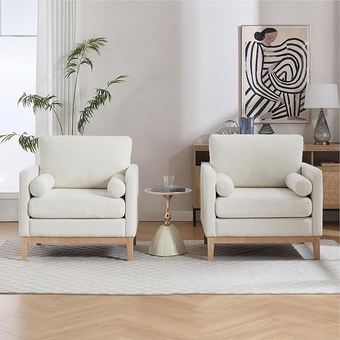 Mlmh &amp Kngwa 35.43 W Modern Accent Chair Set of 2 Upholstered Accent Chairs Single Sofa Chair with Natural Wood Legs Comfy Wingback Armchair for Living Room Bedroom Ivory