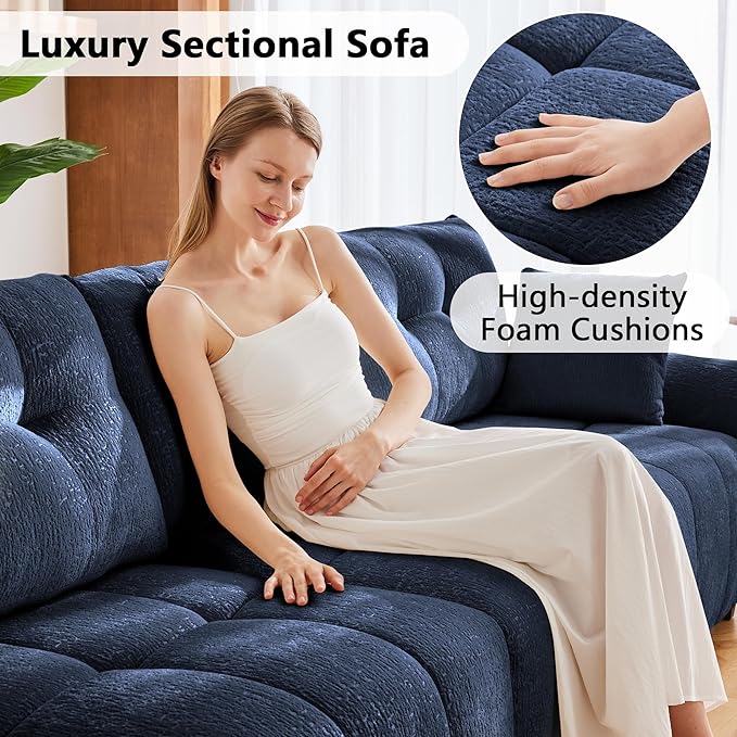 Aoowow Modular Sectional Sofa with Movable Ottoman 141.7” Chenille L Shaped Sofa Couch Upholstered Comfy 4-Seater Couches with Pillows for Living Room Apartment OfficeBlue