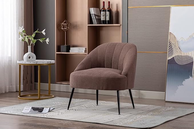 Cotton Linen Fabric Accent Chair with Black Metal Legs for Living RoomCoffee Brown