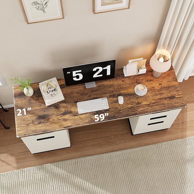 GarveeHome Farmhouse Executive Desk White Home Office Desk with File Drawer and Storage Cabinet 59 Computer Desks Wood Writing Desks for Bedroom Home Office White+Vintage/Black