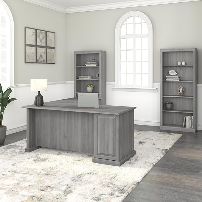 Bush Home Saratoga L Shaped Computer Desk with Drawers and Storage in Modern Gray | Large Corner Office Table for Workspace