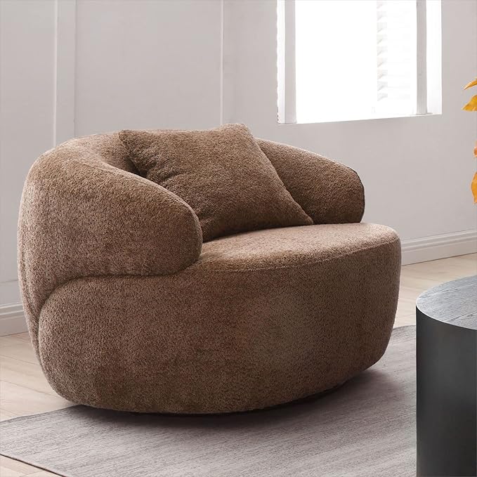 KEVINSPACE Swivel Accent Chair SwivelChairs for Living Room SwivelBarrelChair Round SwivelChair CornerChair Small Modern AccentChair Boucle 360°SwivelChair with PillowChair 35 W Brown