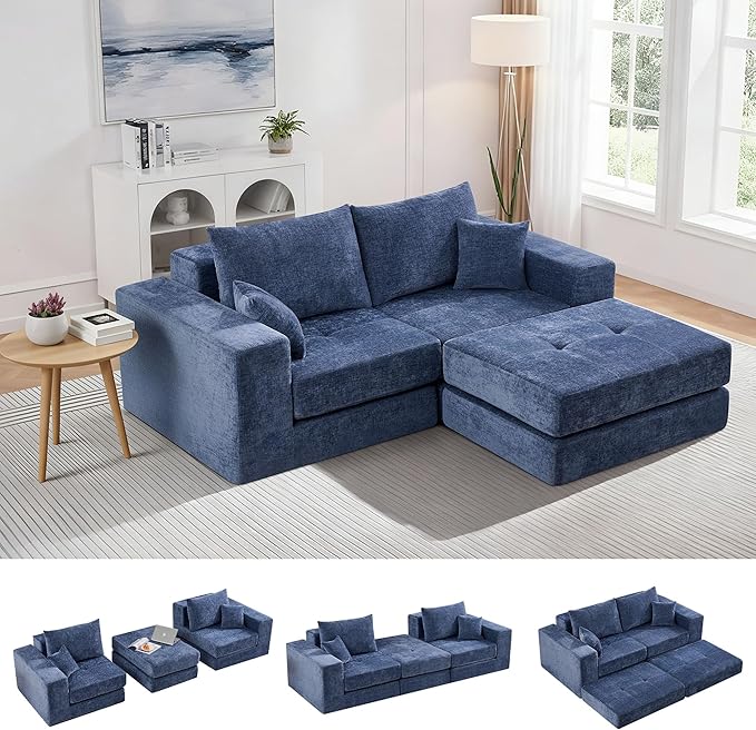 Boneless Sectional Loveseat Couch with Ottoman Convertible Tufted Button Modular Floor Sleeper Sofa Bed Comfy Foldable Compression Love Seat Sofa for Living Room No Assembly Blue