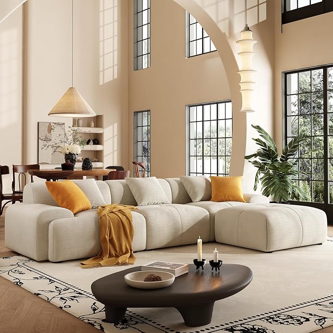 113 Modern L-Shaped Modular Sectional Sofa for Living Room Corduroy Upholstery Beige 3-Seater Cloud Couchand Movable Ottoman – No Assembly Beige