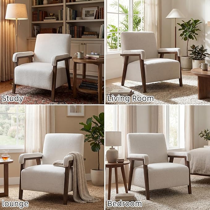 Mid Century Modern Accent Chair Upholstered Armchair with Thick Seat Cushion and Solid Wood Frame Thick and Comfy Innerspring Seat Cushion Short Plush Fabric Arm Chair for Living Room(1White)