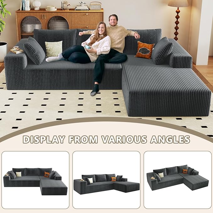 96 Cloud Sectional Couch with L-Shaped Chaise Modern Corduroy Sectionals Couches with Deep Seat Boneless Sofa 3 Seater for Living Room No Assembly Required (Dark Grey Right Facing Chaise)