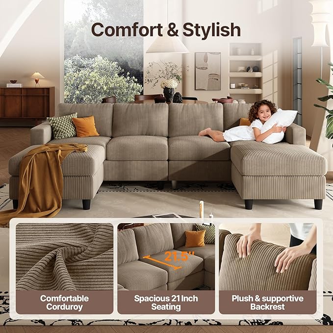 101 Inch Brown Corduroy Sectional Sofa U Shaped Sectional Sofa with 2Ottomans 6 Seater Convertible Corduroy Sofa Comfortable Living Room Couch (Camel 4 Seat with 2 Ottoman)
