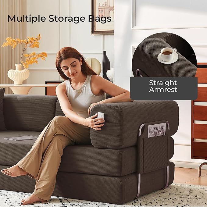 79 Convertible Sofa Bed with Pillows Corduroy Folding Sleeper Sofa with Fixed-Shape Frame Boneless Couch for Living Room Bedroom Floor Sofa Lounge No Assembly Required (Brown)