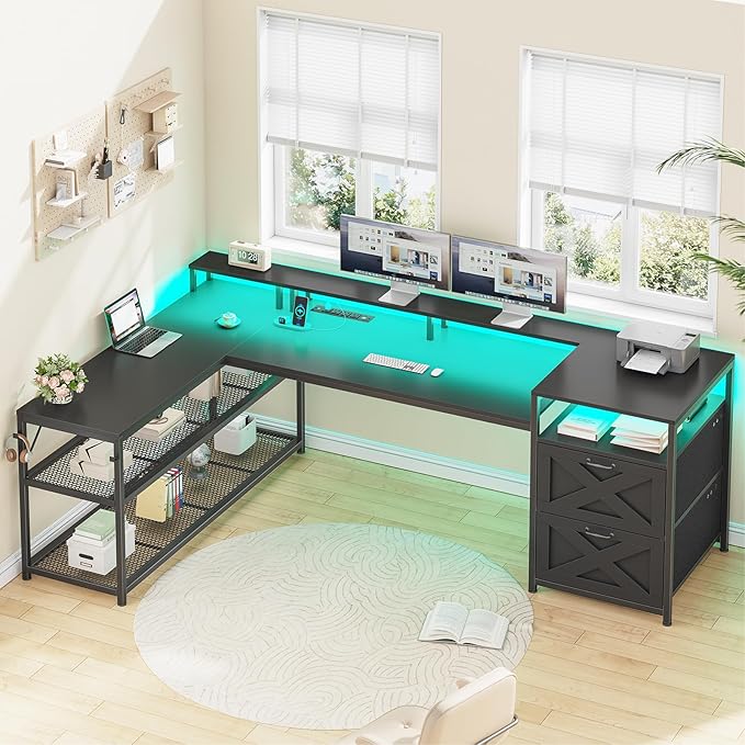 SEDETA 67 L Shaped Desk with Drawers Computer Office Desk with Storage Shelves &amp Power Outlet Reversible Gaming Desks with LED Lights for Home Office Black