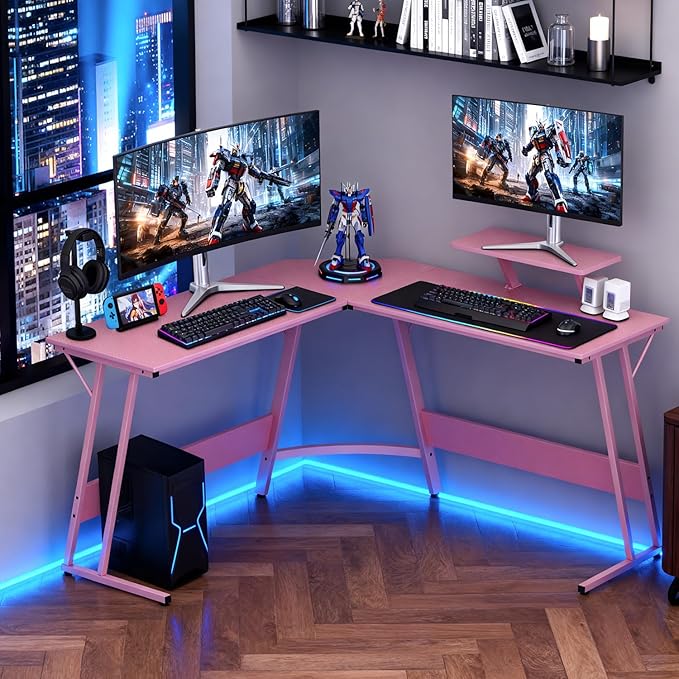 FDW L Shaped 51 Inch Gaming DeskCorner Computer DeskPC Gaming DeskWriting Workstation with Large Monitor Stand for Home OfficeSoft Pink