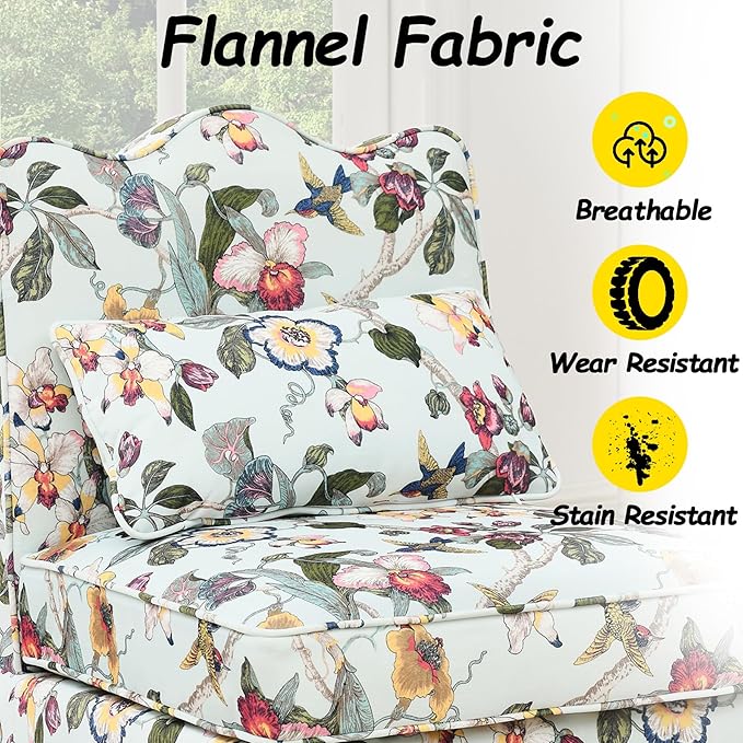 Floral Accent Chair Comfy with Pillow Armless Accent Chair for Bedroom Slipper Chair with Soft Seat Cushion and Backrest Side Chairs for Living Room Flannel Fabric Wave-Shaped (Red)
