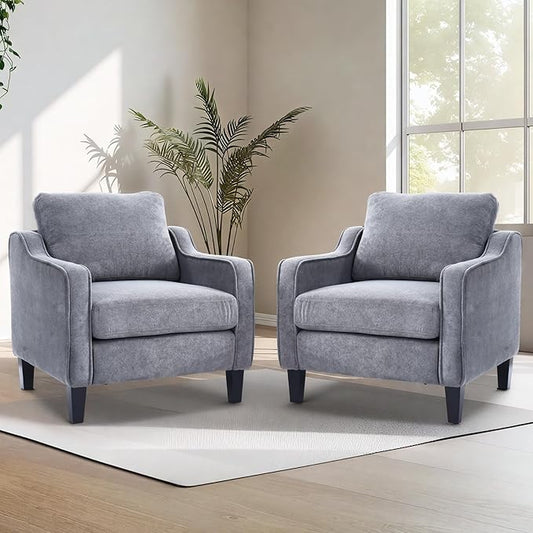 FLEXISPOT AC2 Accent Chair Accent Chairs Set of 2 for Living Room Mid Century Modern Chenille Upholstered Armchair with Padded Back Comfy Reading Chair for Bedroom Office Small SpacesGrey