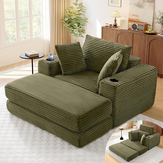 Antetek Boneless Corduroy Chaise Lounge Chair Indoor 52-inch 4-in-1 Folding Convertible Sofa Bed w/Cup Holders Modern Cozy Reading Accent Chair for Living Room No Assembly Green