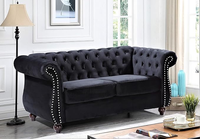 Feinstein Modern Velvet Chesterfield Couches for Living Room with Nailheads Diamond Tufting &amp Durable Metal Frame Loveseat Black