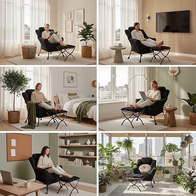 Lazy Chair with Ottoman Comfy Fabric Accent Lounge Arm Chair with Lumbar Pillow and Folding Footrest Reading Leisure Sofa Chair for Bedroom Living Room DormBlack