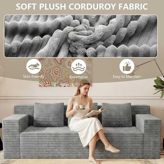 71 Love Seat Couches Corduroy Boneless Loveseat with Deep Seats 2 Seat Couch Apartment Size Couch with 3 Pillows&ampSide Pockets for Bedroom Office No Assembly Required Light Gray