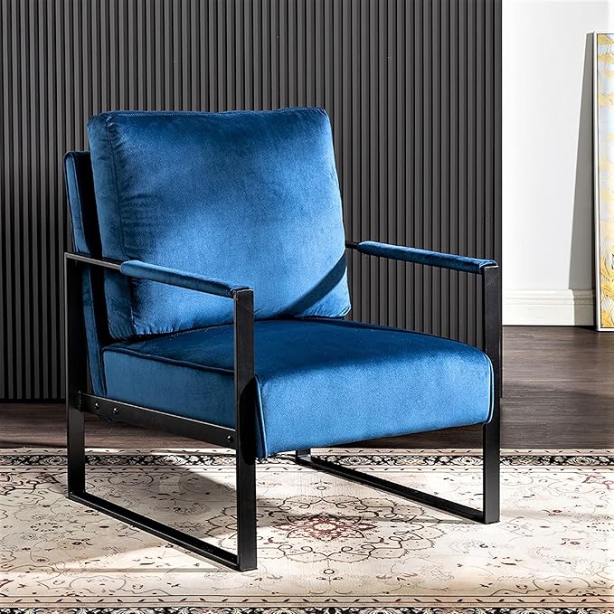 Modern Accent Chair for Living Room Bedroom Mid Century Arm Chair Velvet Office Accent Chair Reading Chair with Metal Frame for Balcony Lounge Blue Velvet
