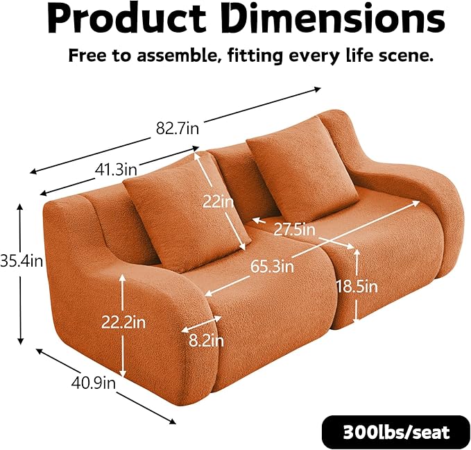 83 Modular Boneless Sectional Sofa Boneless Couch for Living Room and Apartments 32D High Density Sponge No Assembly Required (2S) Orange
