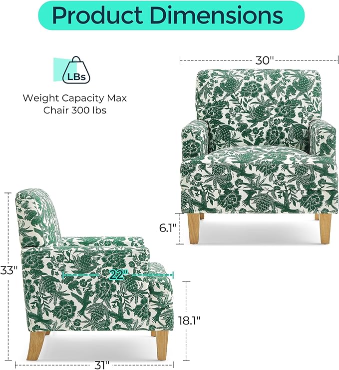 LINSY Floral Accent Chair Large Lounge Armchair with Rubberwood Legs Farmhouse Reading Chair Comfy Oversized Single Sofa Chair for Living Room Bedroom Office Study Floral Green