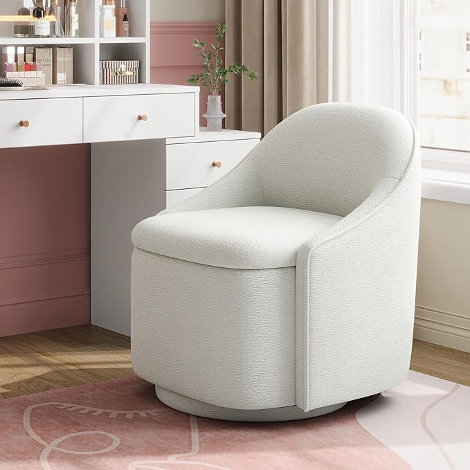LINSY Swivel Accent Chair with Storage Comfy Chenille Barrel Chairs Small 360 Swivel Modern Armchair for Living Room Bedroom Boucle Reading Chair for Study Room (Beige)