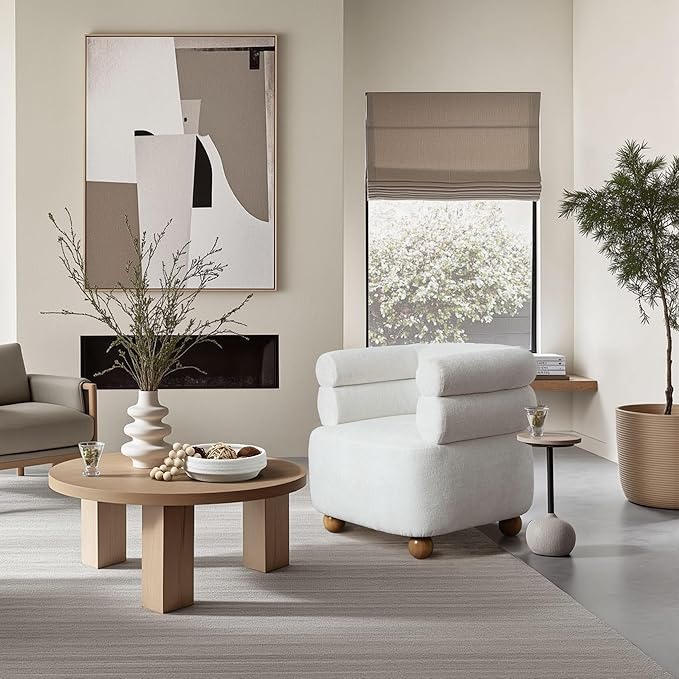 LuxenHome Barrel Accent Chair with Wood Ball Legs Modern Upholstered Ivory Barrel Armchair for Living Room Reading Room BedroomStylish Sofa Chair Decorative Home FurnitureLeisure Lounge Chairs
