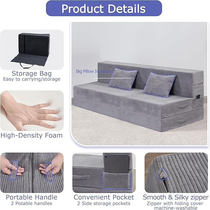 Folding Sofa Bed 4 in 1 Convertible Sleeper Chair with Pillow Queen Memory Foam Fold Out Chair Bed Modern Floor Futon Sofa Couch Mattress for Living Room/Guest/Apartment Light Gray